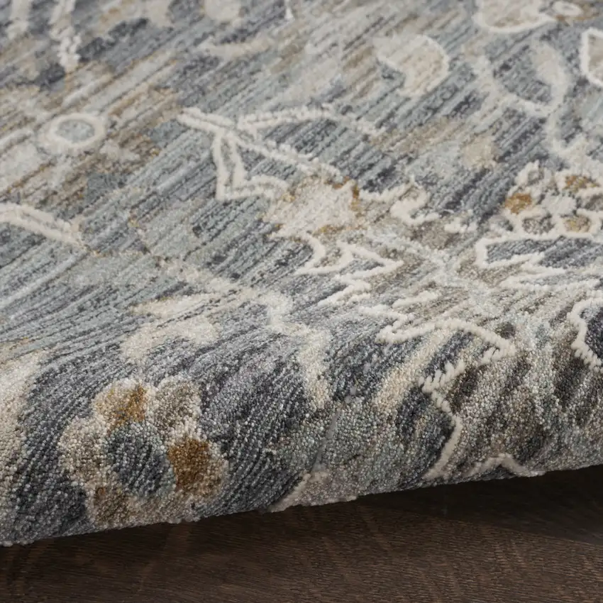 8' Navy Blue Yellow And Ivory Floral Distressed Round Rug With Fringe Photo 9