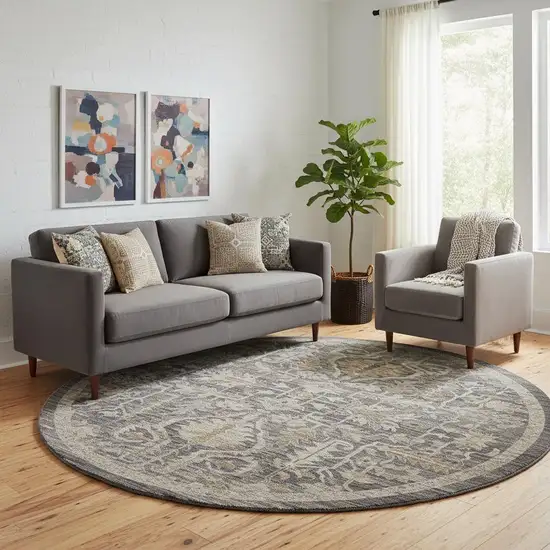 8' Navy Blue Yellow And Ivory Floral Distressed Round Rug With Fringe Photo 1