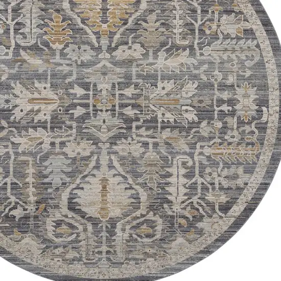 8' Navy Blue Yellow And Ivory Floral Distressed Round Rug With Fringe Photo 8