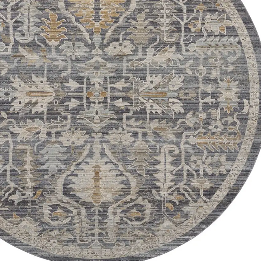 8' Navy Blue Yellow And Ivory Floral Distressed Round Rug With Fringe Photo 8