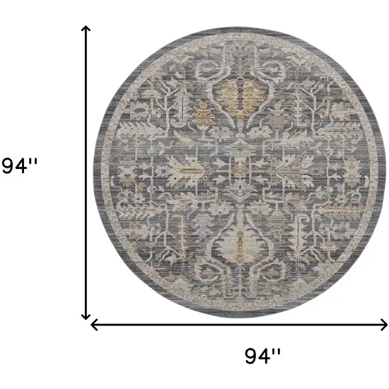 8' Navy Blue Yellow And Ivory Floral Distressed Round Rug With Fringe Photo 3