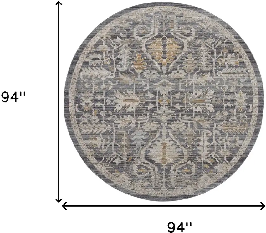 8' Navy Blue Yellow And Ivory Floral Distressed Round Rug With Fringe Photo 3