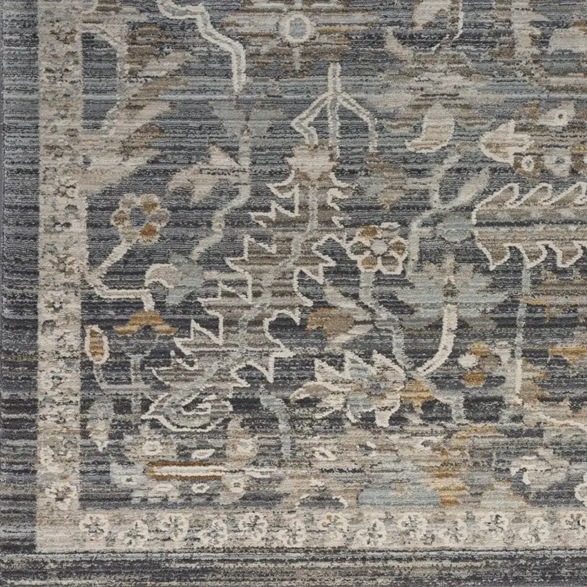 8' Navy Blue Yellow And Ivory Oriental Distressed Runner Rug With Fringe Photo 3