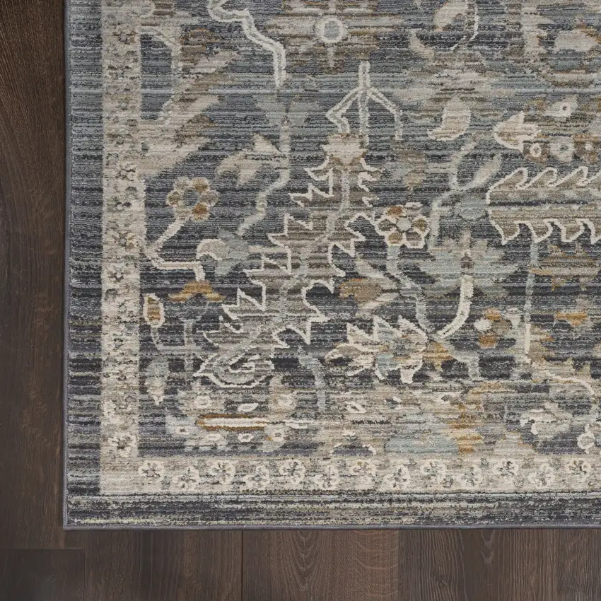 8' Navy Blue Yellow And Ivory Oriental Distressed Runner Rug With Fringe Photo 9