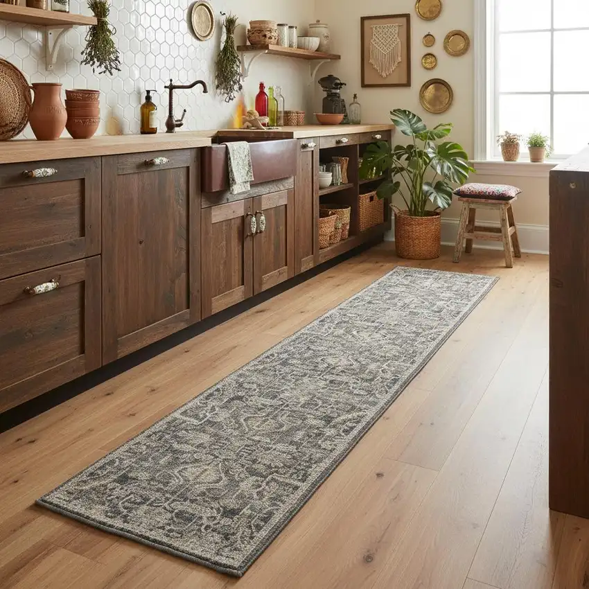 8' Navy Blue Yellow And Ivory Oriental Distressed Runner Rug With Fringe Photo 1