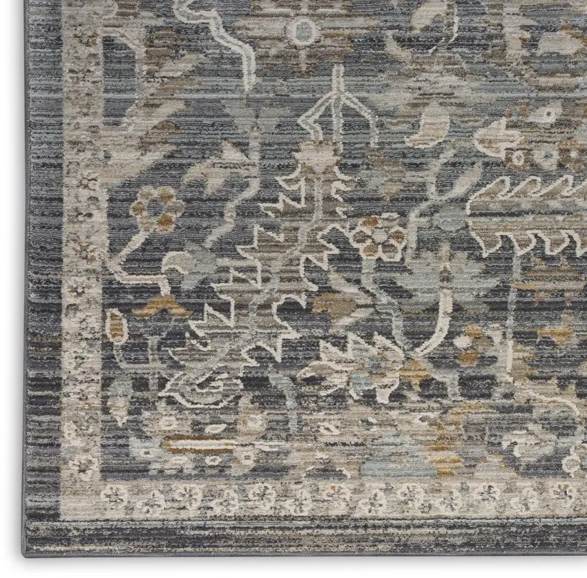 8' Navy Blue Yellow And Ivory Oriental Distressed Runner Rug With Fringe Photo 2