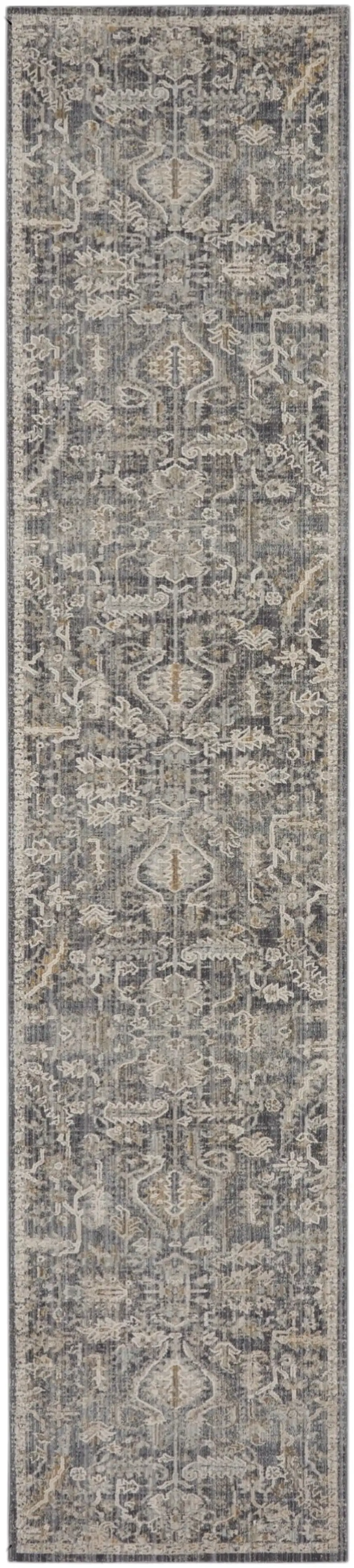 8' Navy Blue Yellow And Ivory Oriental Distressed Runner Rug With Fringe Photo 2