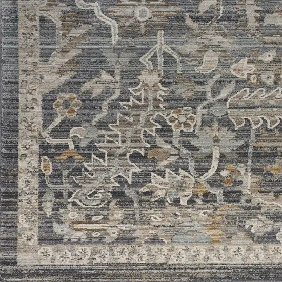 10' Navy Blue Yellow And Ivory Oriental Distressed Runner Rug With Fringe Photo 4