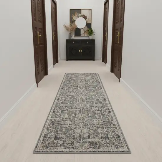 10' Navy Blue Yellow And Ivory Oriental Distressed Runner Rug With Fringe Photo 1