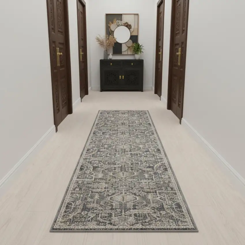 10' Navy Blue Yellow And Ivory Oriental Distressed Runner Rug With Fringe Photo 1