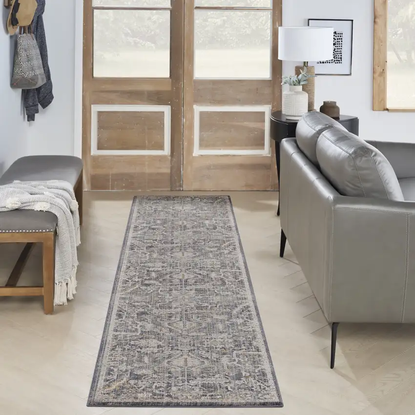 10' Navy Blue Yellow And Ivory Oriental Distressed Runner Rug With Fringe Photo 5