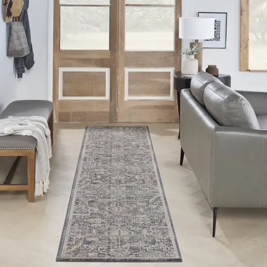 10' Navy Blue Yellow And Ivory Oriental Distressed Runner Rug With Fringe Photo 5