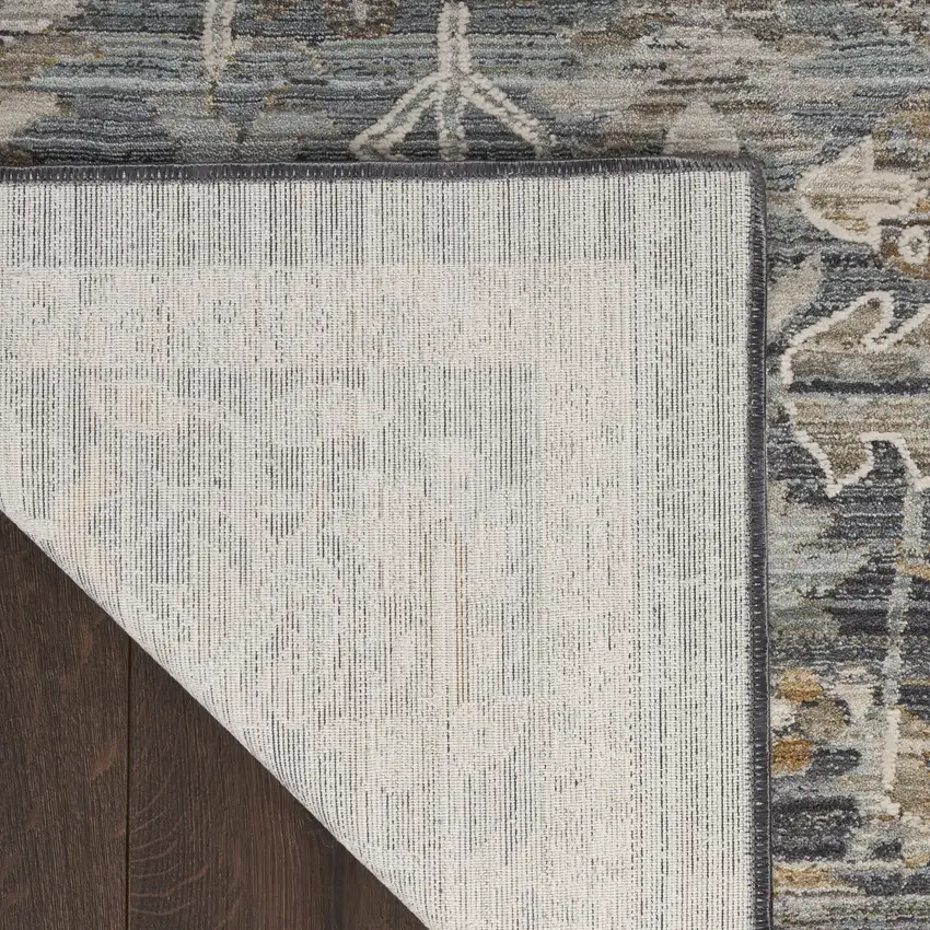 10' Navy Blue Yellow And Ivory Oriental Distressed Runner Rug With Fringe Photo 9