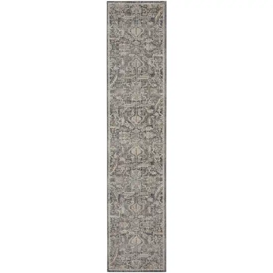 10' Navy Blue Yellow And Ivory Oriental Distressed Runner Rug With Fringe Photo 2