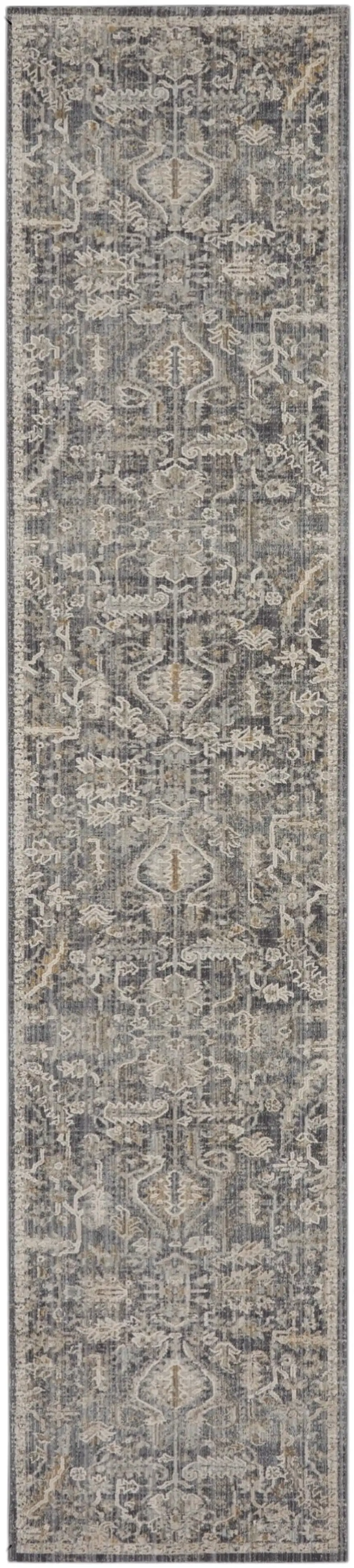 10' Navy Blue Yellow And Ivory Oriental Distressed Runner Rug With Fringe Photo 2