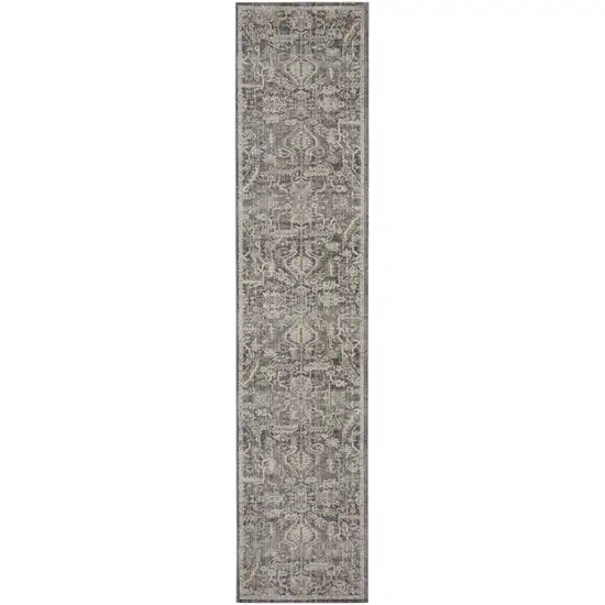 12' Navy Blue Yellow And Ivory Oriental Distressed Runner Rug With Fringe Photo 2