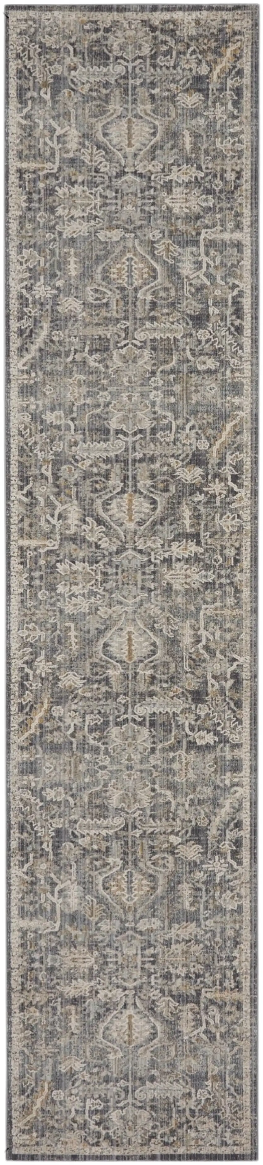 12' Navy Blue Yellow And Ivory Oriental Distressed Runner Rug With Fringe Photo 2