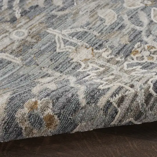 12' Navy Blue Yellow And Ivory Oriental Distressed Runner Rug With Fringe Photo 8