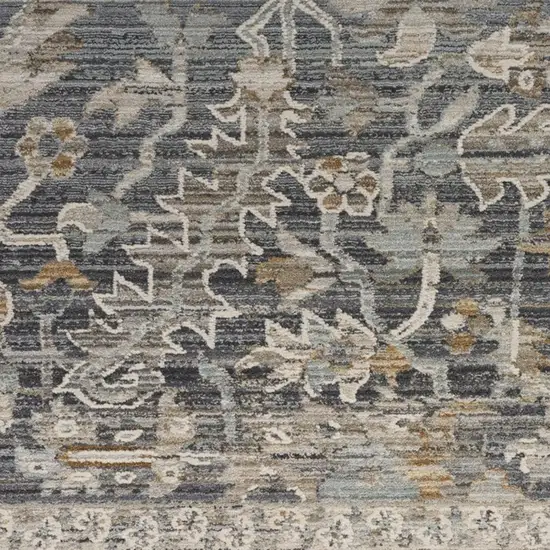 12' Navy Blue Yellow And Ivory Oriental Distressed Runner Rug With Fringe Photo 2