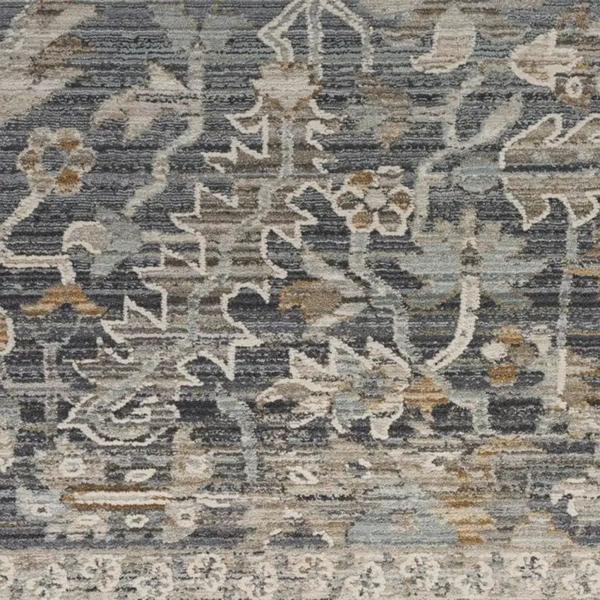 12' Navy Blue Yellow And Ivory Oriental Distressed Runner Rug With Fringe Photo 2
