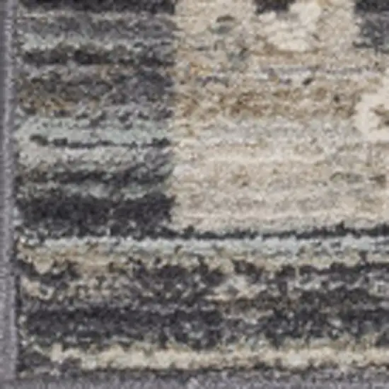 12' Navy Blue Yellow And Ivory Oriental Distressed Runner Rug With Fringe Photo 6