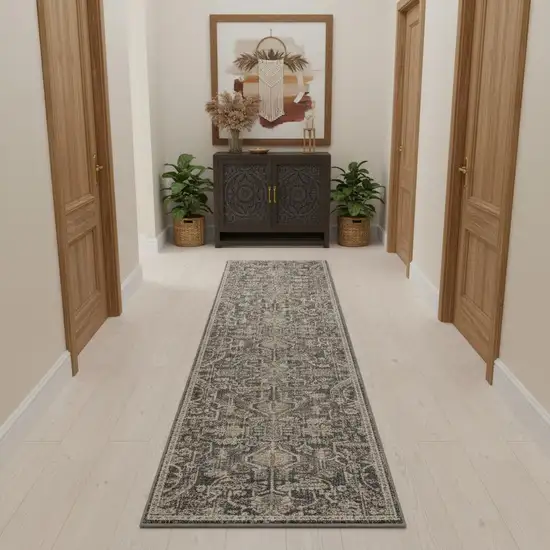 12' Navy Blue Yellow And Ivory Oriental Distressed Runner Rug With Fringe Photo 1