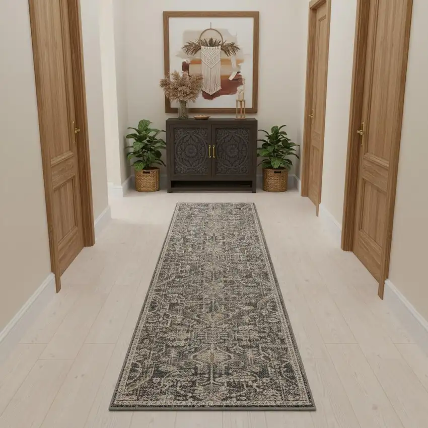 12' Navy Blue Yellow And Ivory Oriental Distressed Runner Rug With Fringe Photo 1