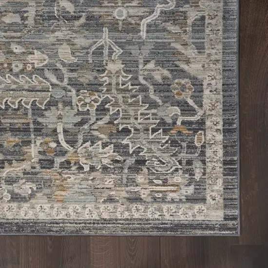 12' Navy Blue Yellow And Ivory Oriental Distressed Runner Rug With Fringe Photo 7