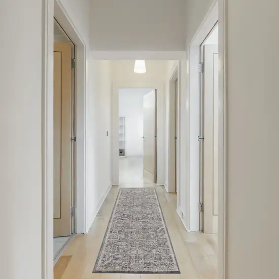 12' Navy Blue Yellow And Ivory Oriental Distressed Runner Rug With Fringe Photo 5