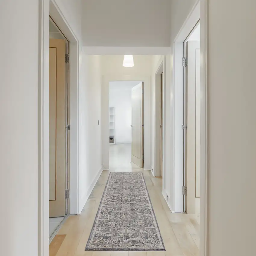 12' Navy Blue Yellow And Ivory Oriental Distressed Runner Rug With Fringe Photo 5