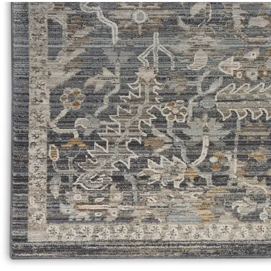 12' Navy Blue Yellow And Ivory Oriental Distressed Runner Rug With Fringe Photo 3