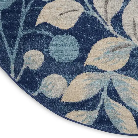 5' Navy Blue and Beige Botanical Leaves Round Rug Photo 9