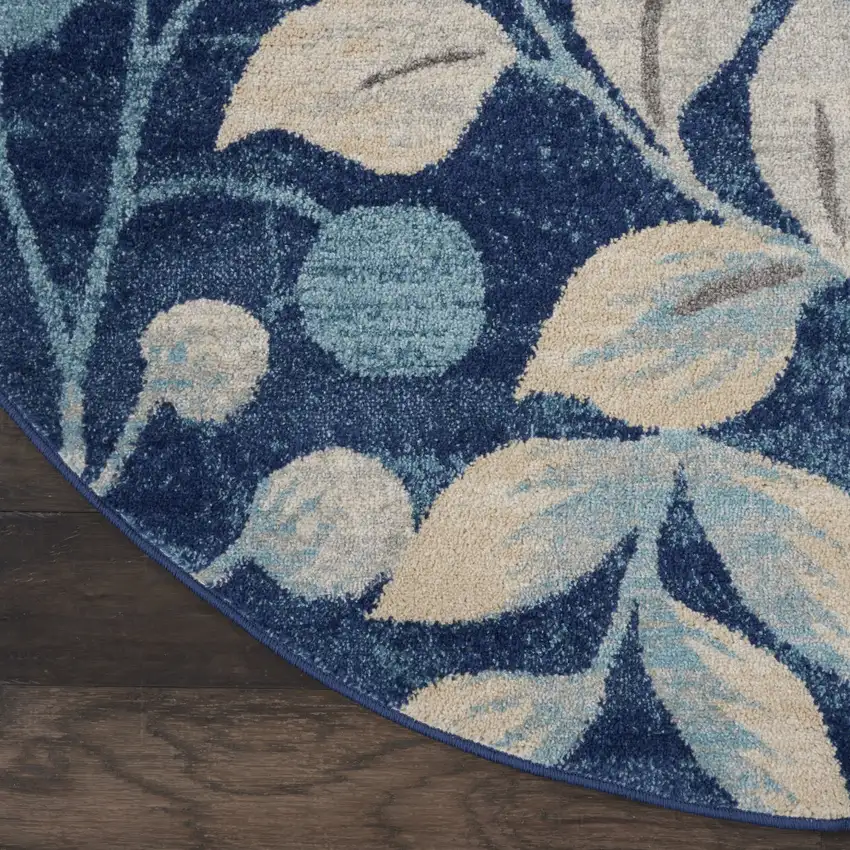5' Navy Blue and Beige Botanical Leaves Round Rug Photo 8