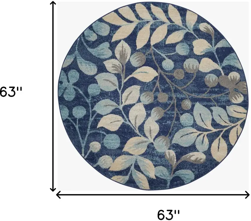 5' Navy Blue and Beige Botanical Leaves Round Rug Photo 3