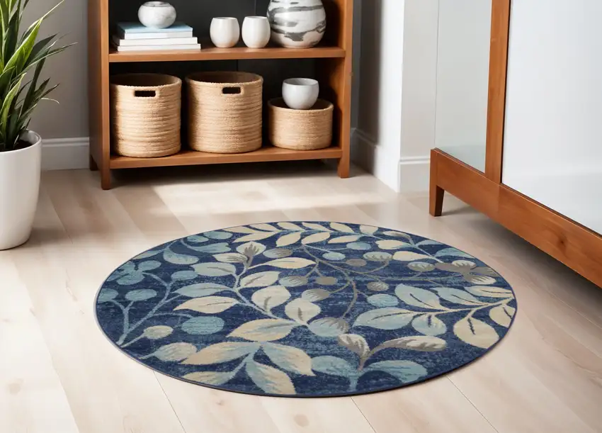 5' Navy Blue and Beige Botanical Leaves Round Rug Photo 1