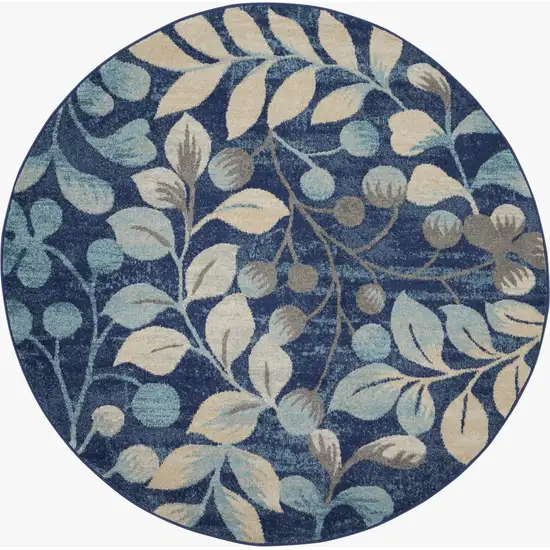 5' Navy Blue and Beige Botanical Leaves Round Rug Photo 1