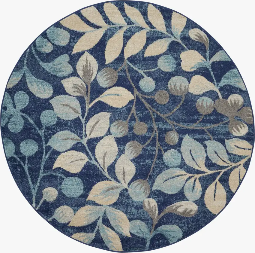 5' Navy Blue and Beige Botanical Leaves Round Rug Photo 1