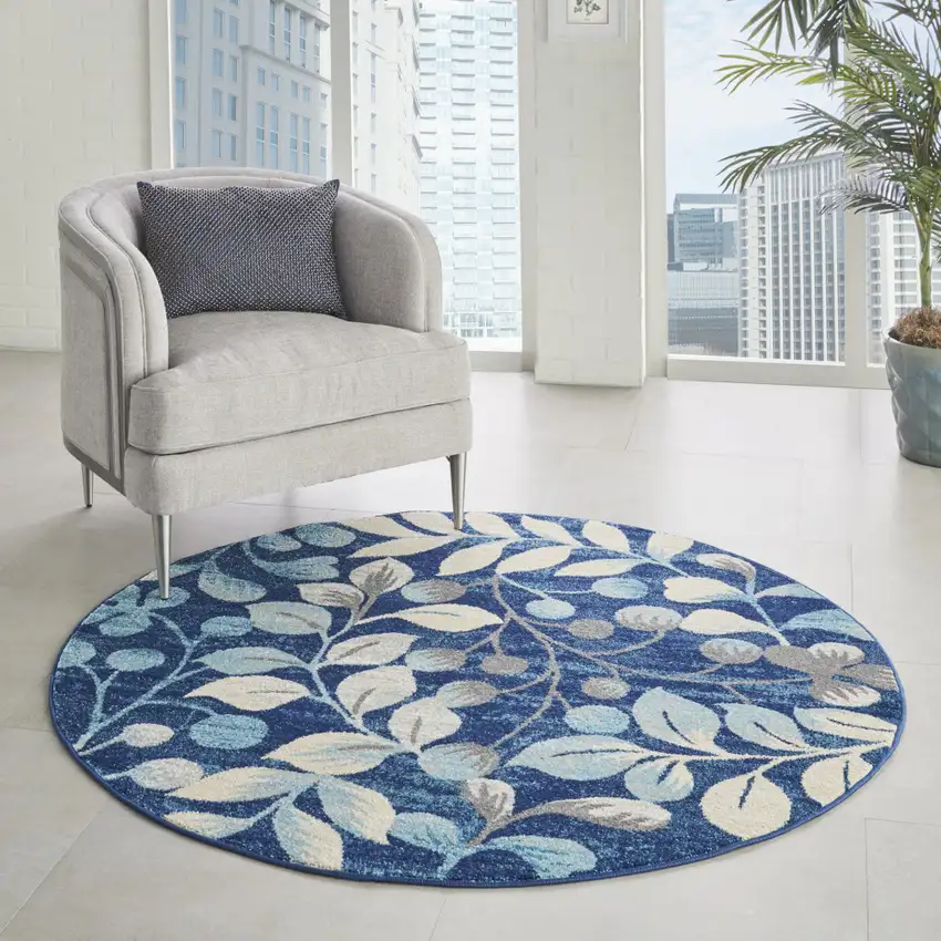 5' Navy Blue and Beige Botanical Leaves Round Rug Photo 6
