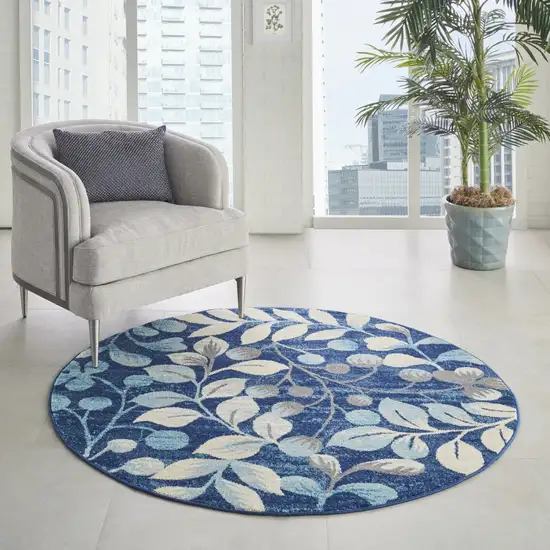 5' Navy Blue and Beige Botanical Leaves Round Rug Photo 4