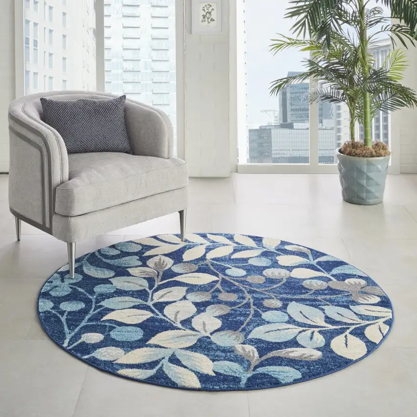 5' Navy Blue and Beige Botanical Leaves Round Rug Photo 4