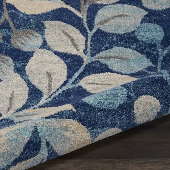 5' Navy Blue and Beige Botanical Leaves Round Rug Photo 8