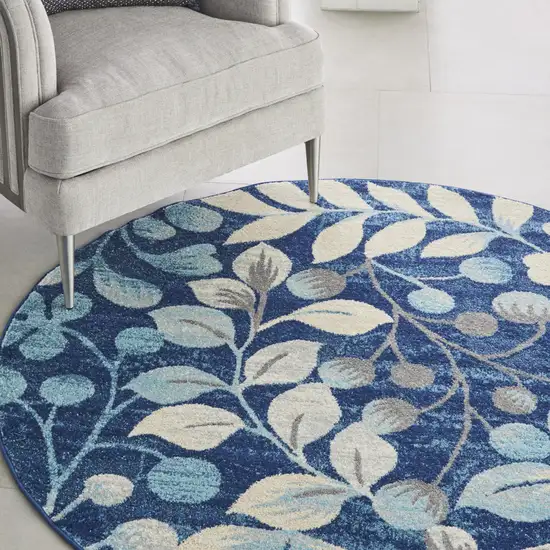 5' Navy Blue and Beige Botanical Leaves Round Rug Photo 5