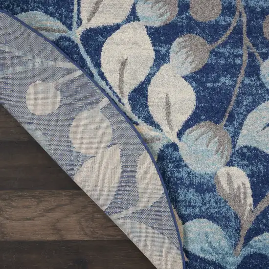 5' Navy Blue and Beige Botanical Leaves Round Rug Photo 7