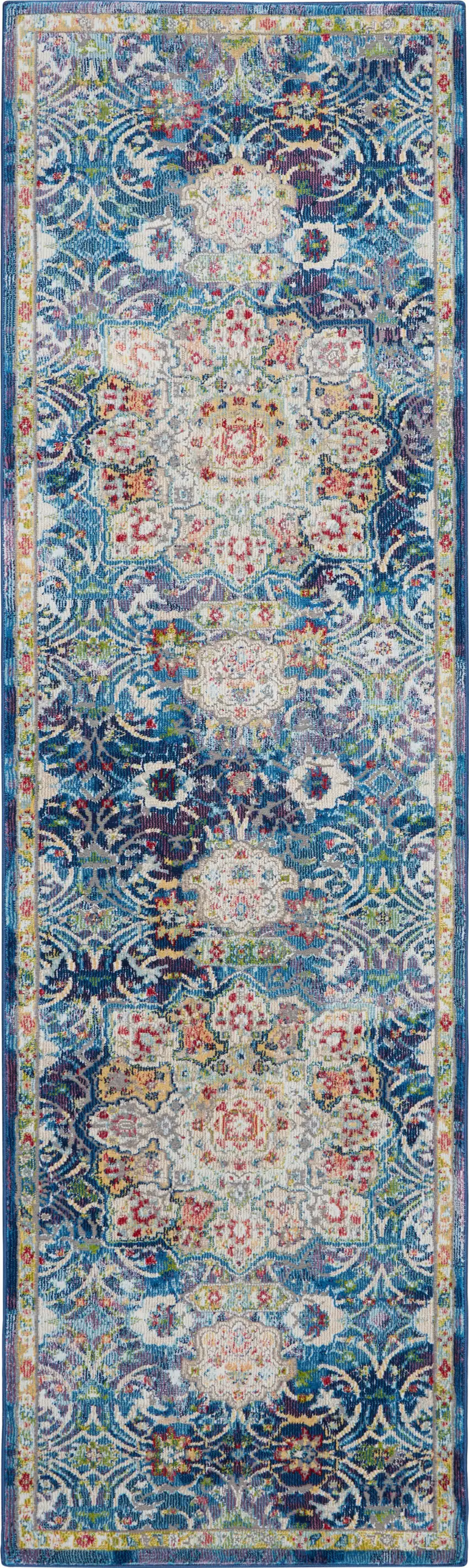 6' Navy Blue and Gold Floral Distressed Non Skid Runner Rug Photo 2
