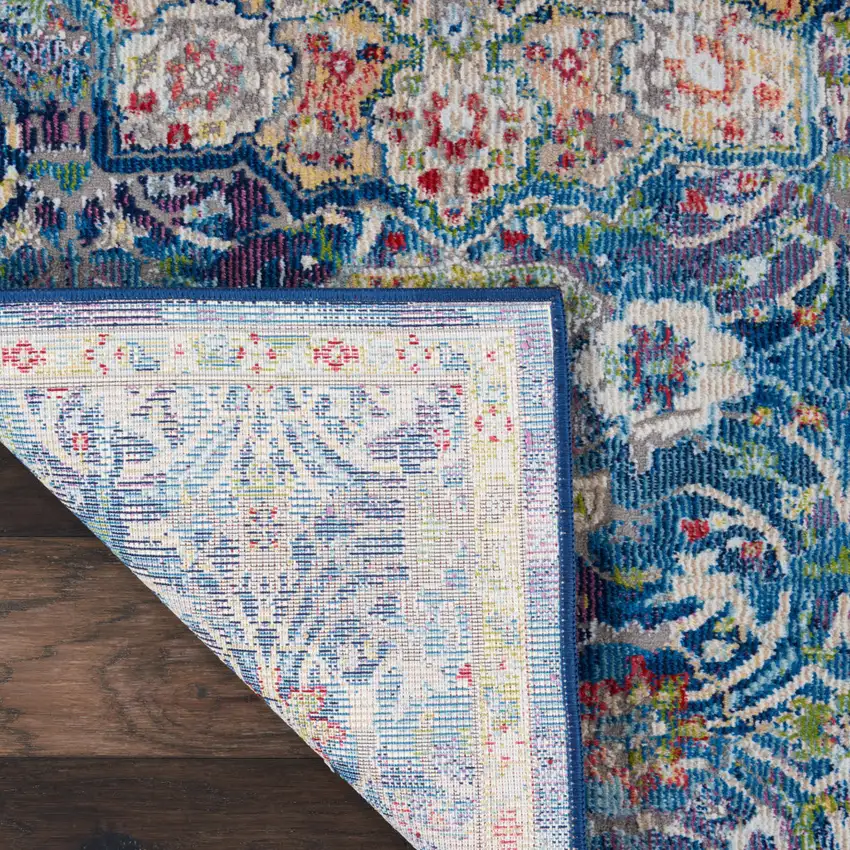 6' Navy Blue and Gold Floral Distressed Non Skid Runner Rug Photo 6
