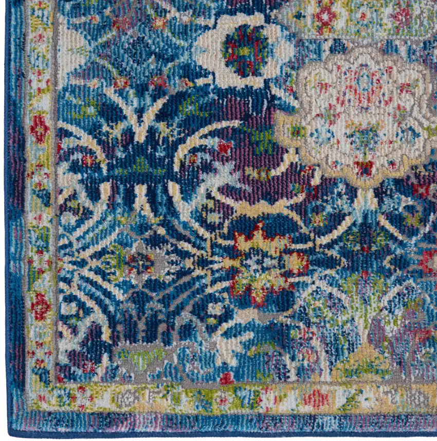 6' Navy Blue and Gold Floral Distressed Non Skid Runner Rug Photo 6