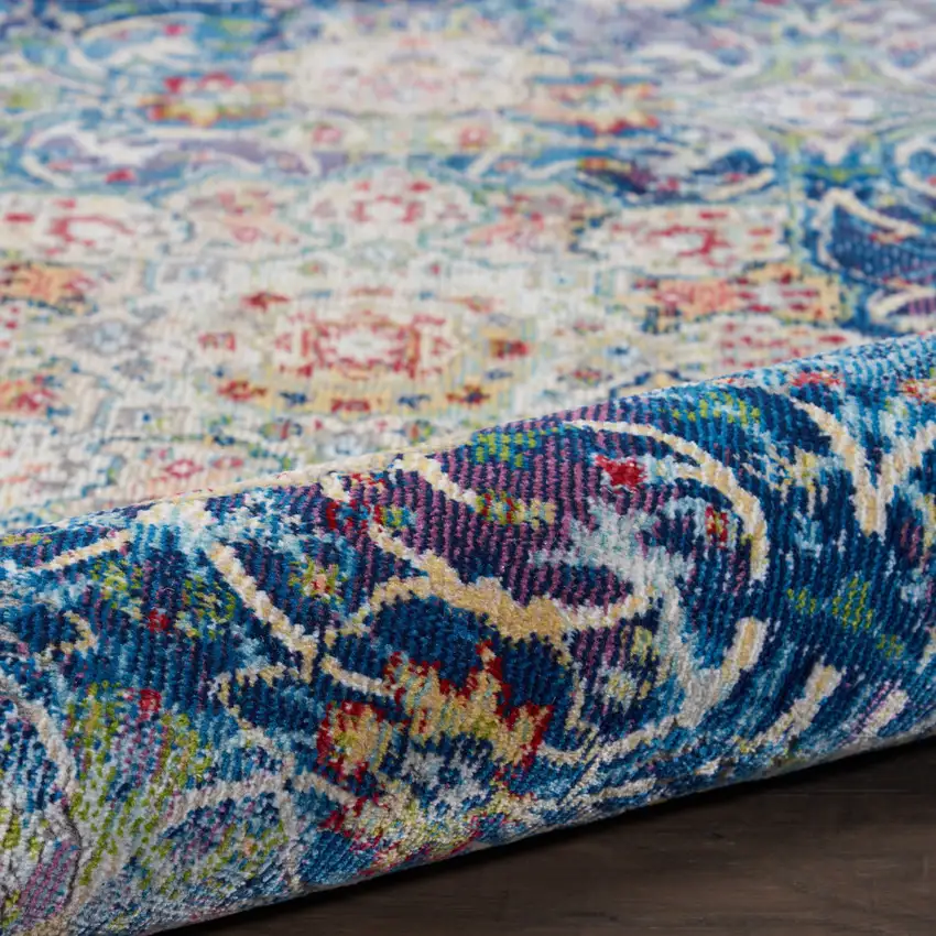 6' Navy Blue and Gold Floral Distressed Non Skid Runner Rug Photo 5