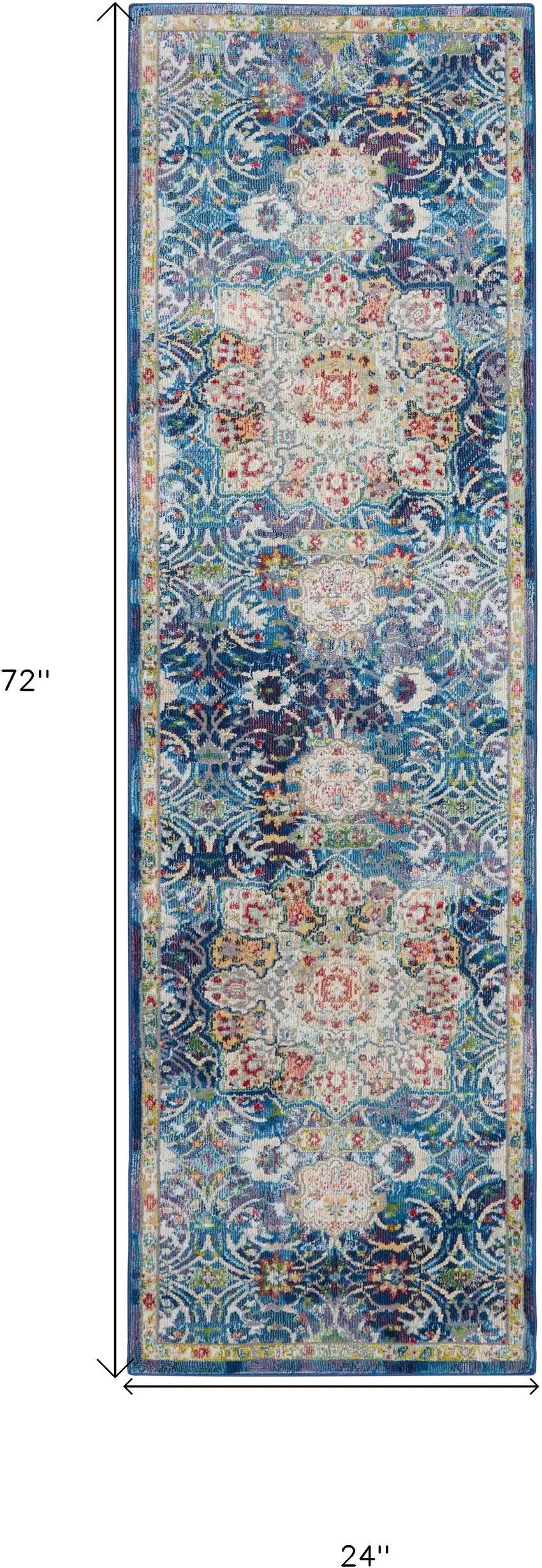 6' Navy Blue and Gold Floral Distressed Non Skid Runner Rug Photo 3