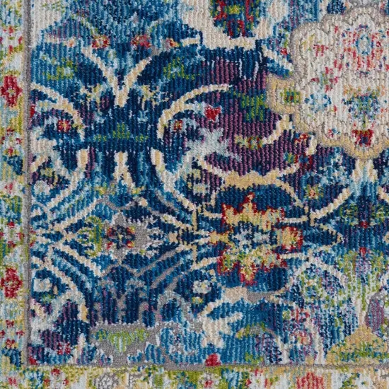 8' Navy Blue and Gold Floral Medallion Distressed Non Skid Runner Rug Photo 8