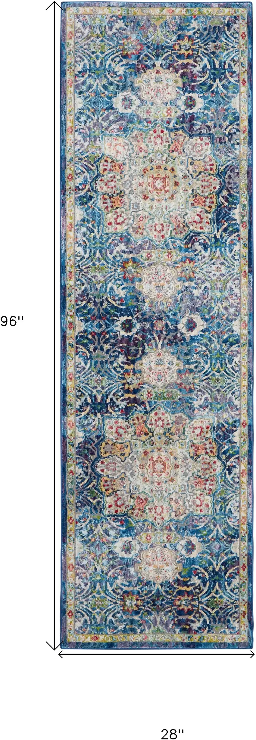 8' Navy Blue and Gold Floral Medallion Distressed Non Skid Runner Rug Photo 3